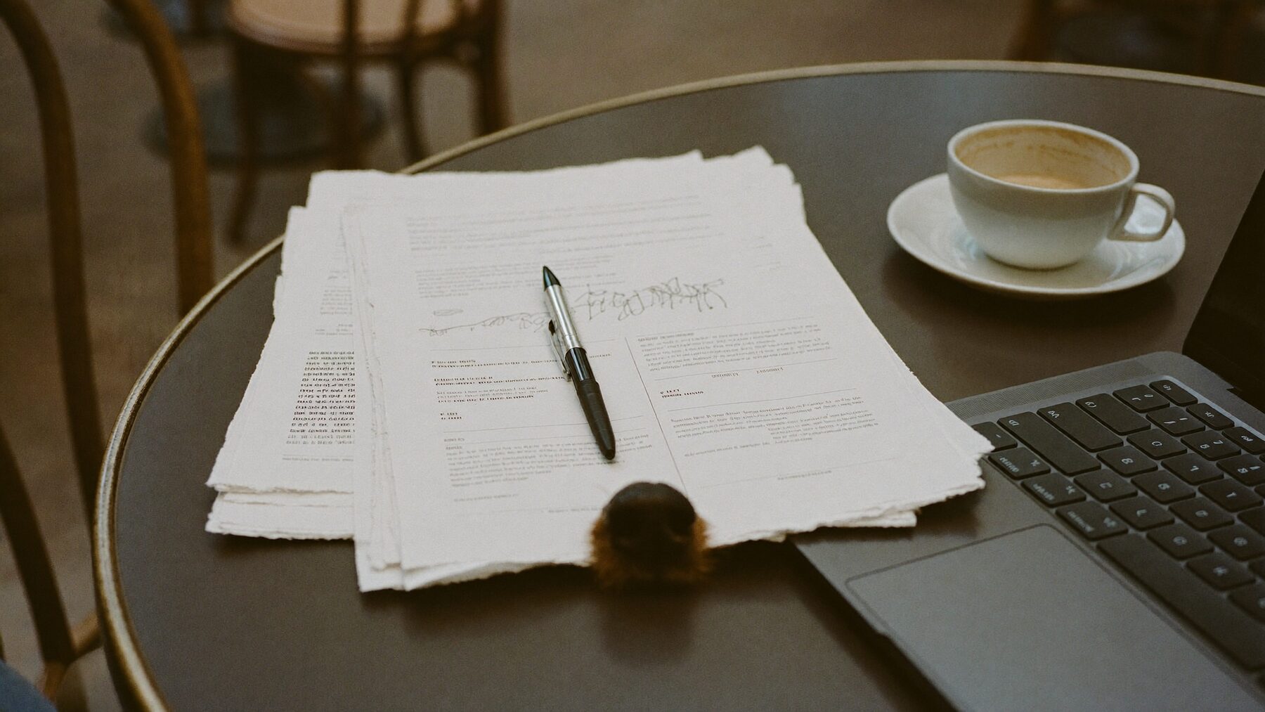 Veterinary papers and a coffee on a cafe table with a small dog resting its nose on the edge