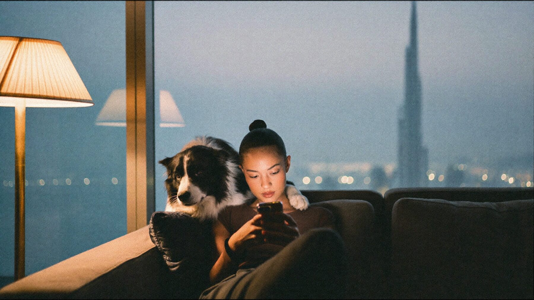 A woman and a border collie looking at a phone together on a sofa
