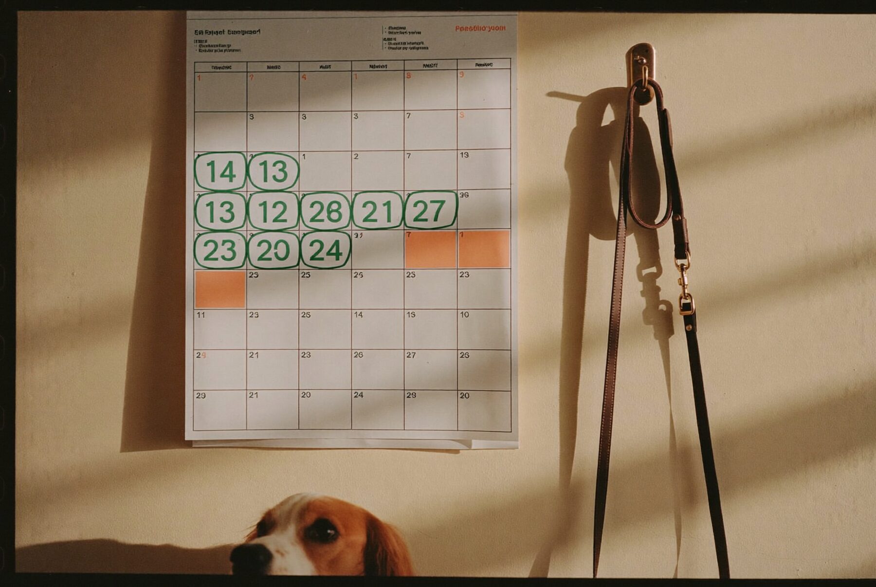 A wall calendar with dates circled in green beside a dog lead on a hook