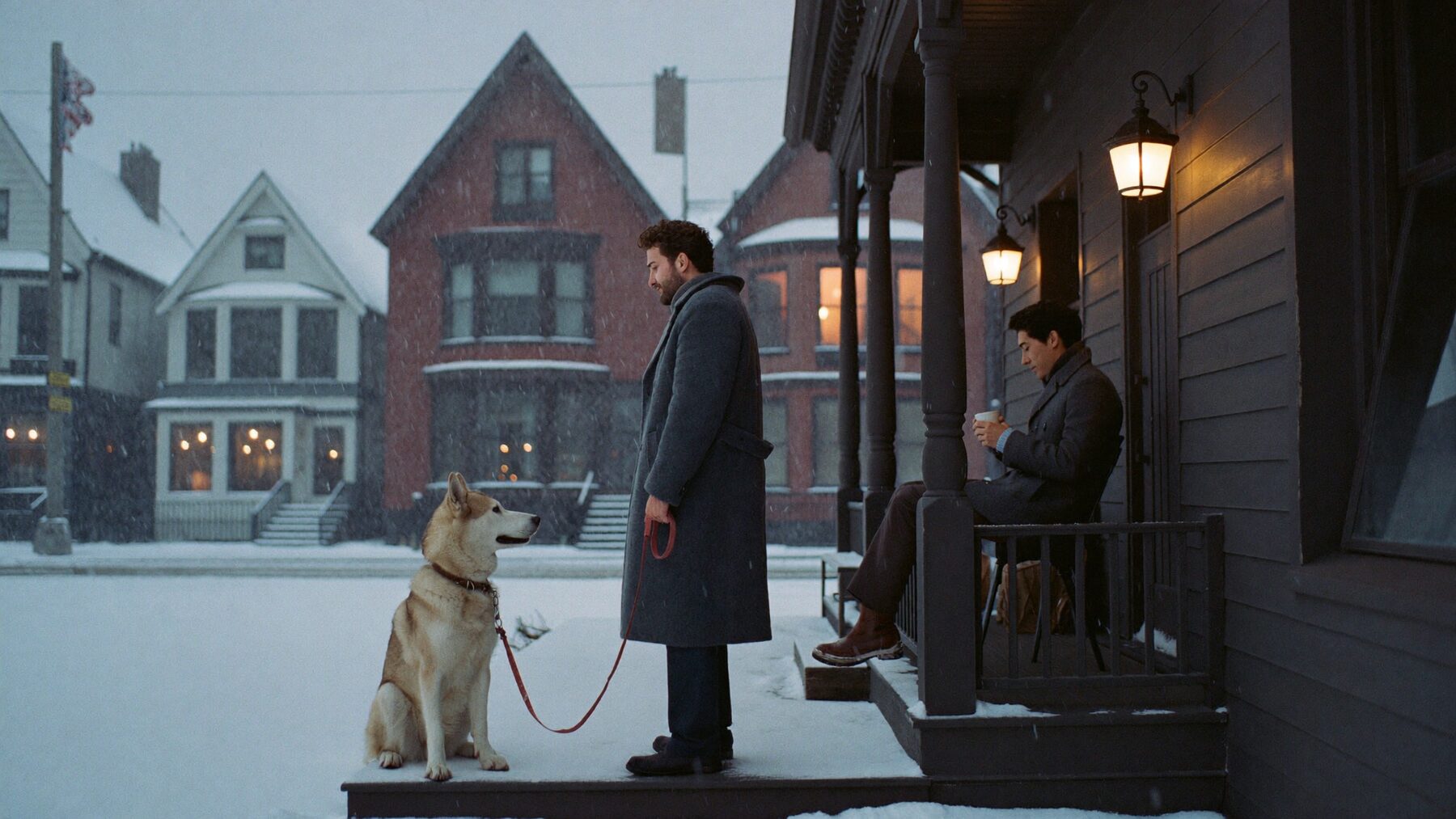 A husky on a Toronto porch in light snowfall beside a man with a mug