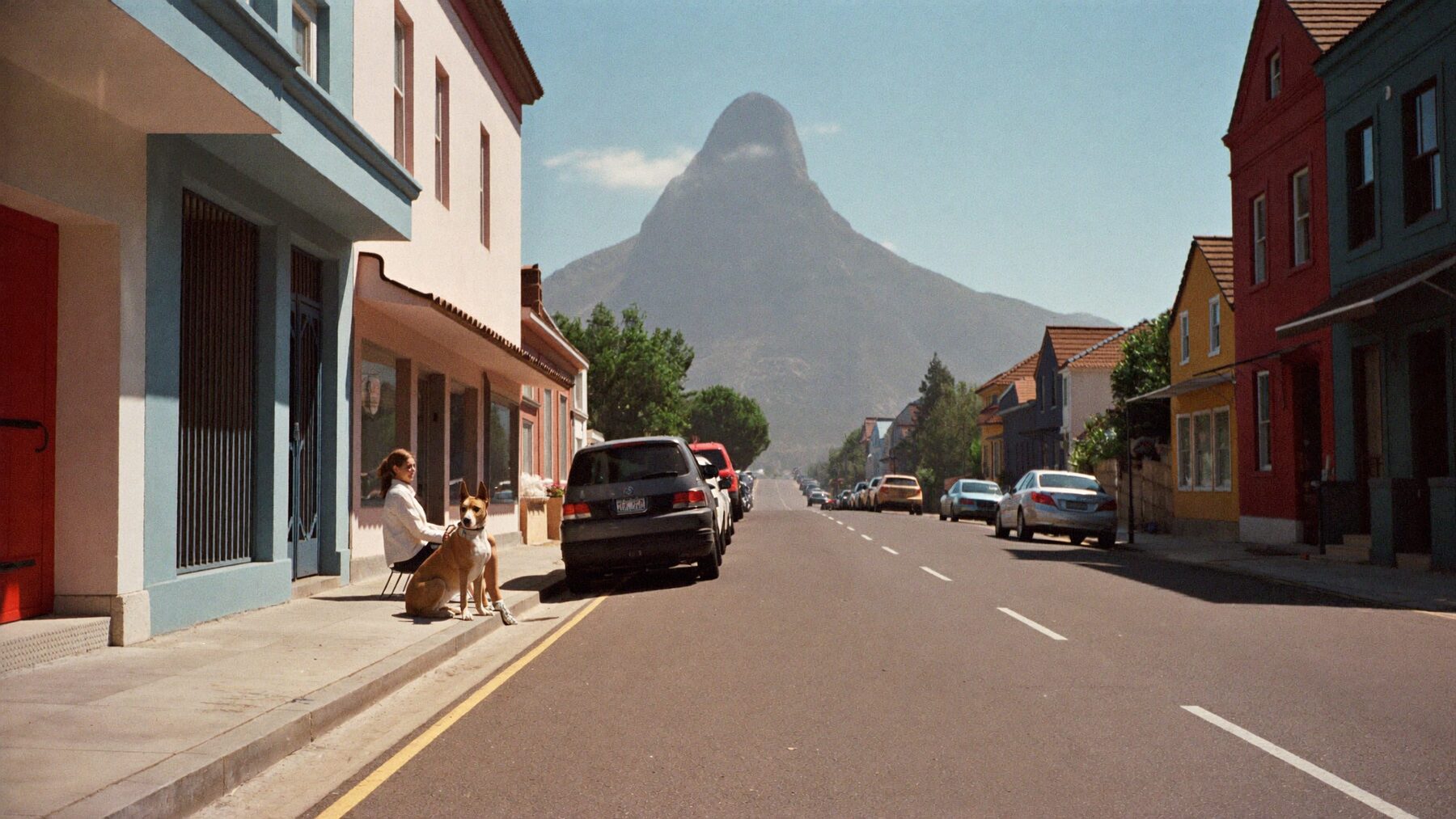 A dog and a woman on a doorstep in Cape Town with Table Mountain behind