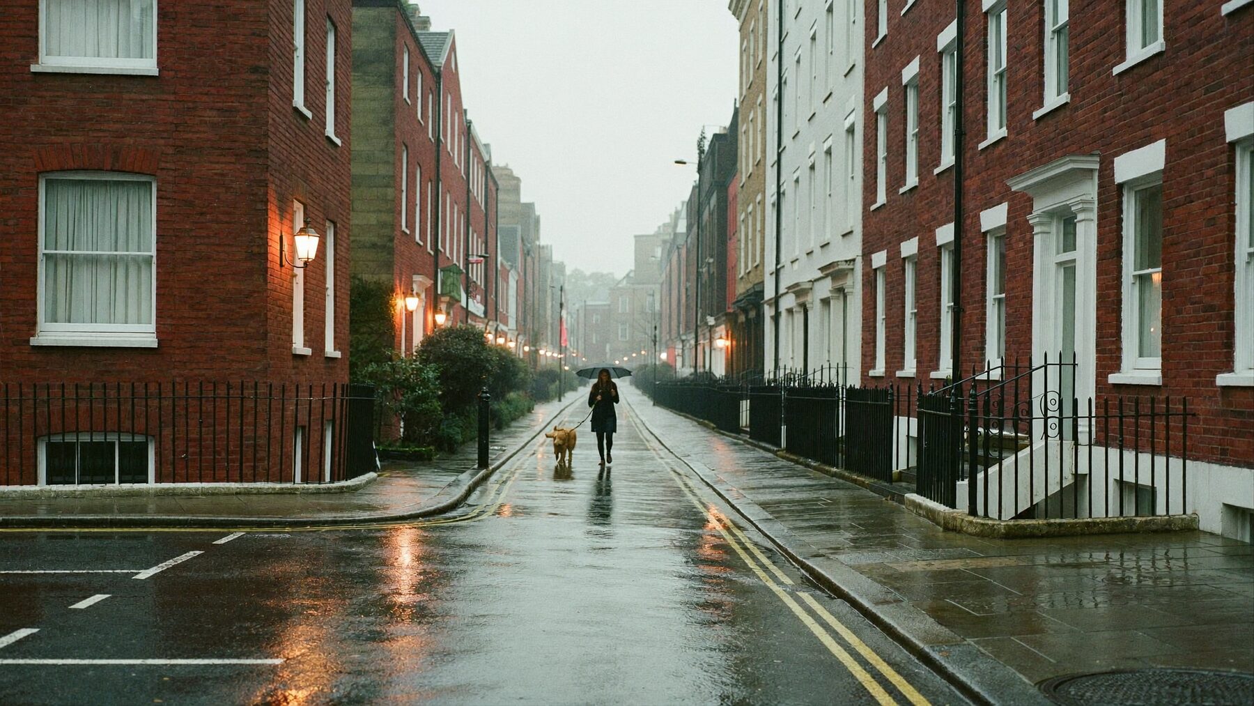 A woman with an umbrella walking a golden retriever along a rainy London street at dusk