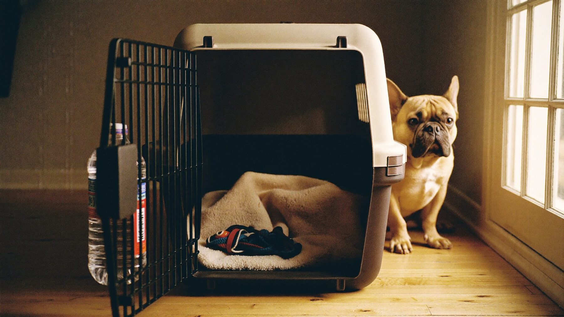 An open pet crate with a fleece blanket inside and a French bulldog peering in