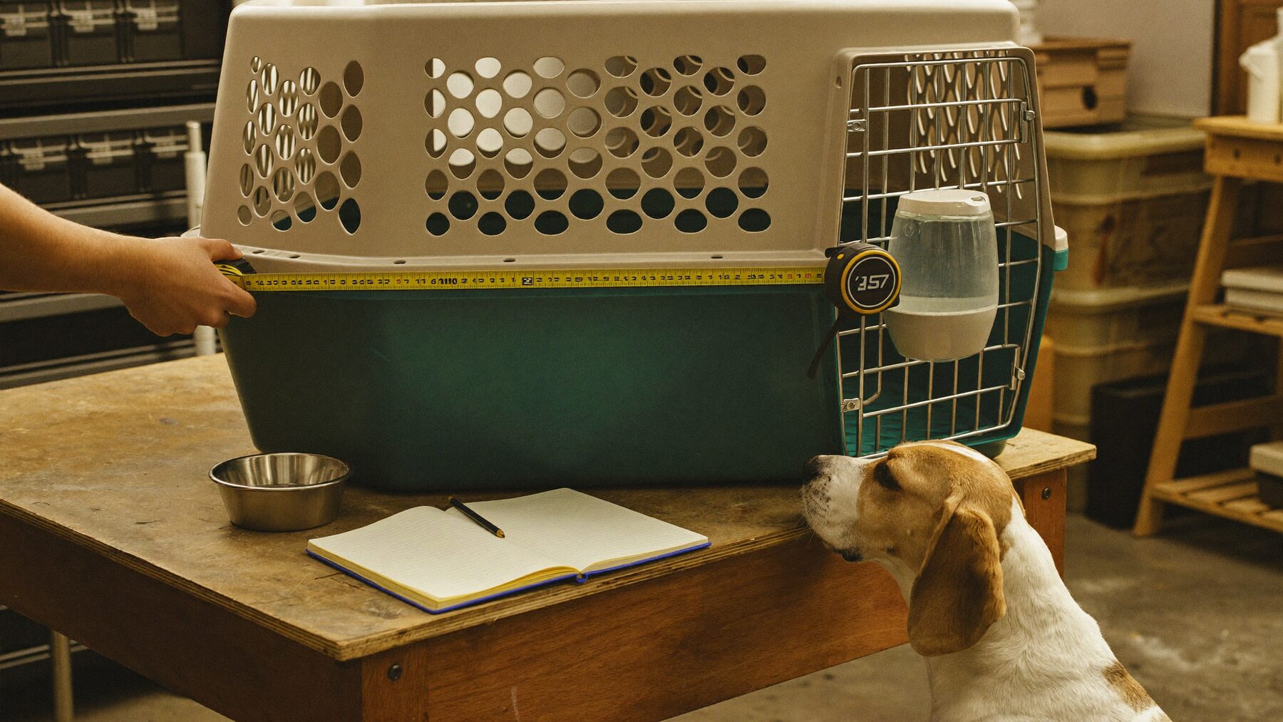An airline pet crate being measured with a tape on a workbench while a beagle looks on