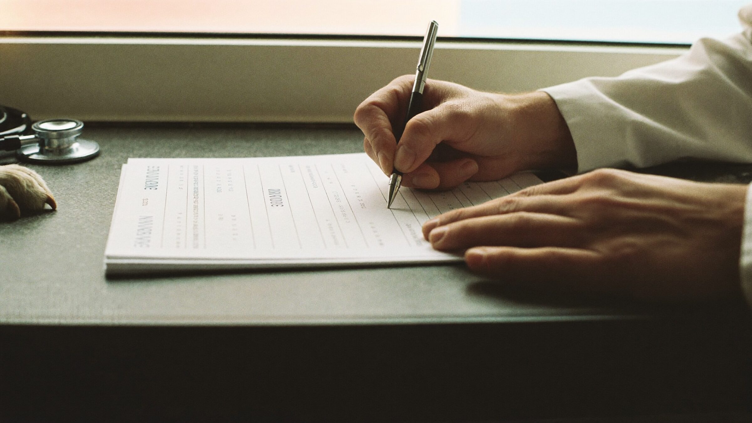 A veterinarian’s hands filling in a health certificate on a clinic counter, a small dog’s paws at the edge