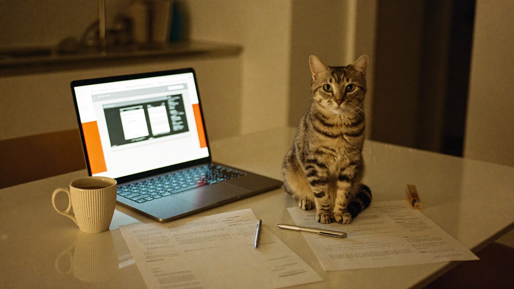 A kitchen table with a laptop, printed forms and a tabby cat sitting on the paperwork