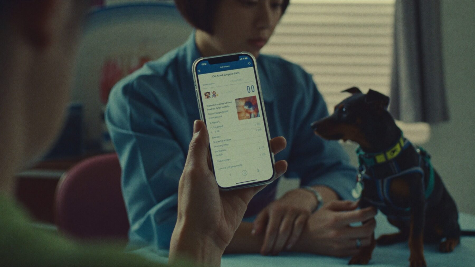 An owner showing a vaccination record on her phone to a vet while a whippet sits on the table