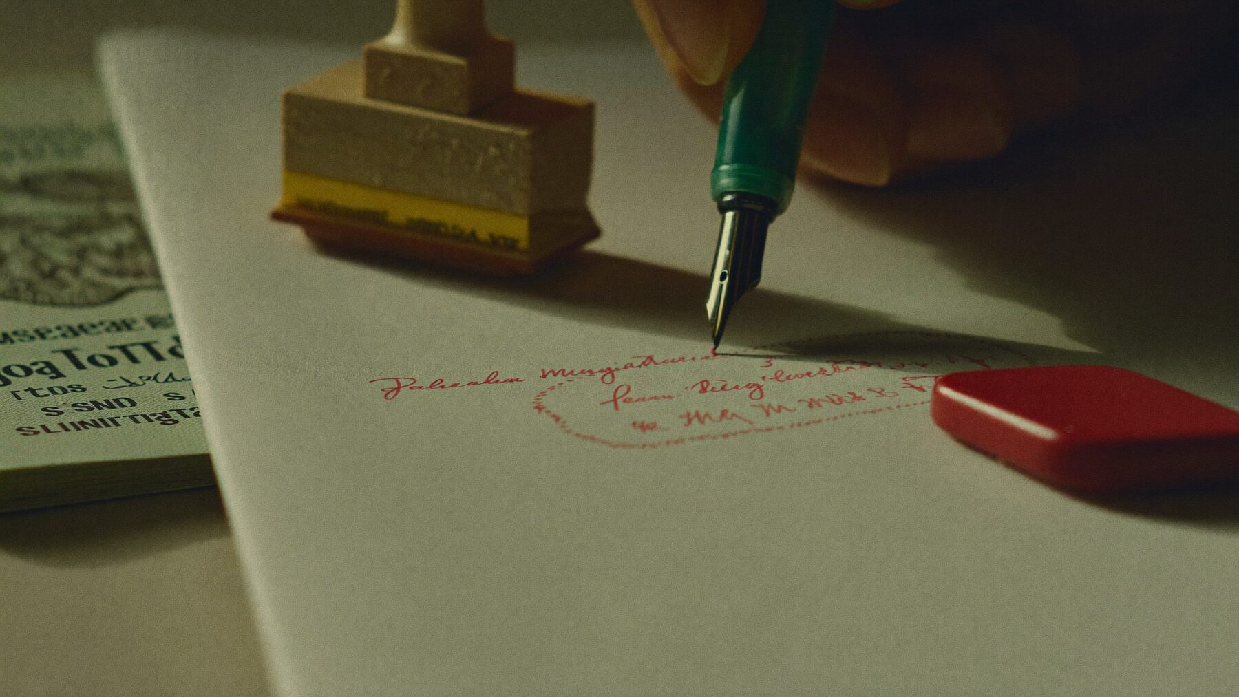 A fountain pen signing a veterinary certificate beside a rubber stamp