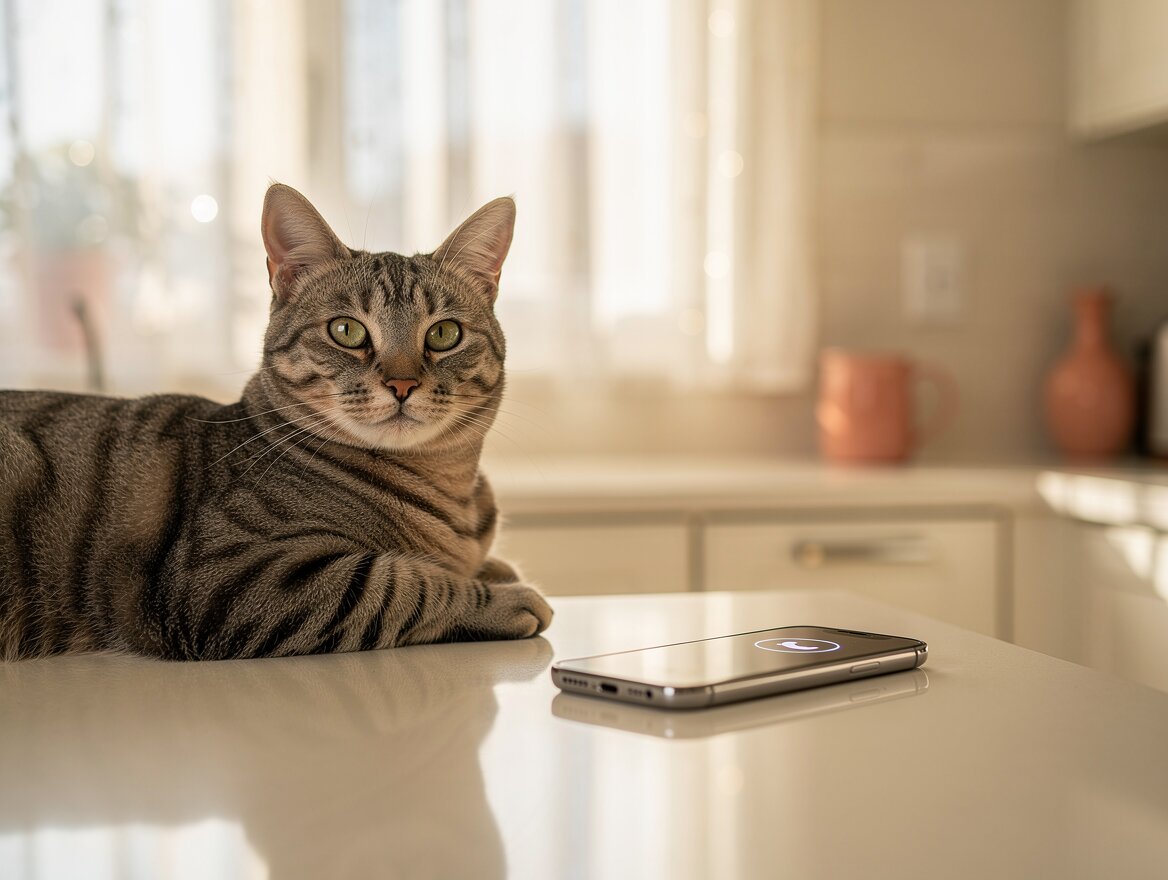 Tabby cat resting beside a phone with a soft notification on a kitchen counter